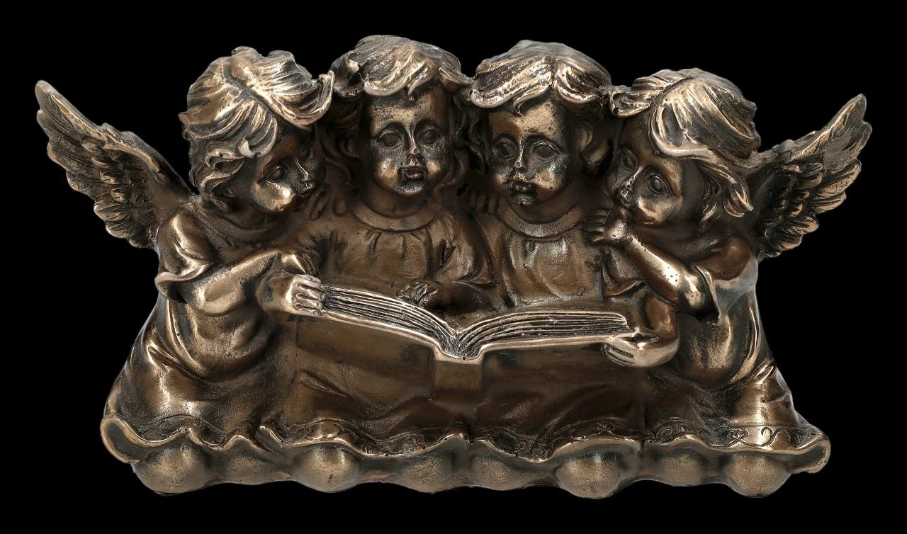 Engel Figur - Vier Putten Lesen Buch Bronziert 3 Engel Figur - Vier Putten Lesen Buch Bronziert