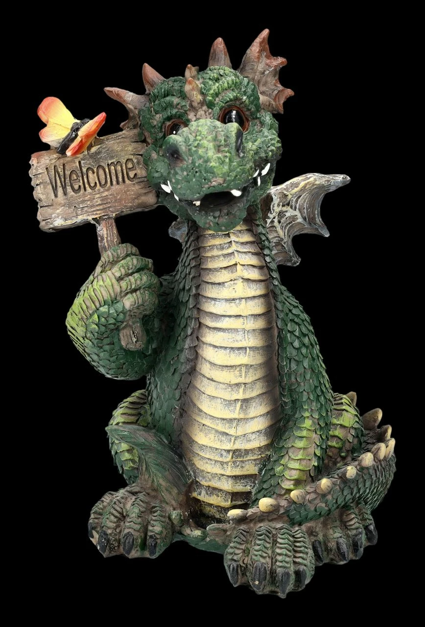 Drachen Figur Grün Mit Welcome Schild 3 Drachen Figur Grün Mit Welcome Schild