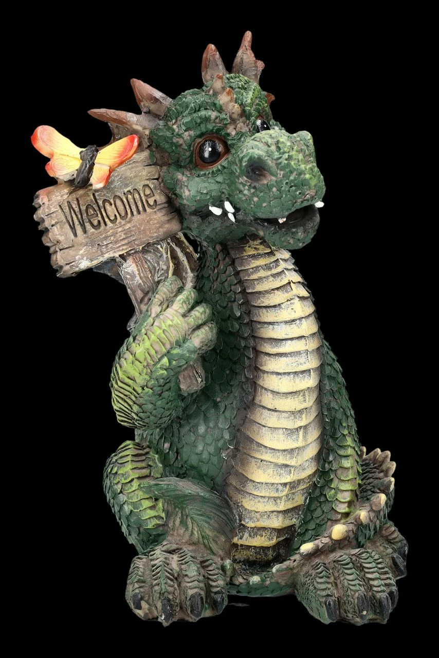 Drachen Figur Grün Mit Welcome Schild 4 Drachen Figur Grün Mit Welcome Schild – Bild 2