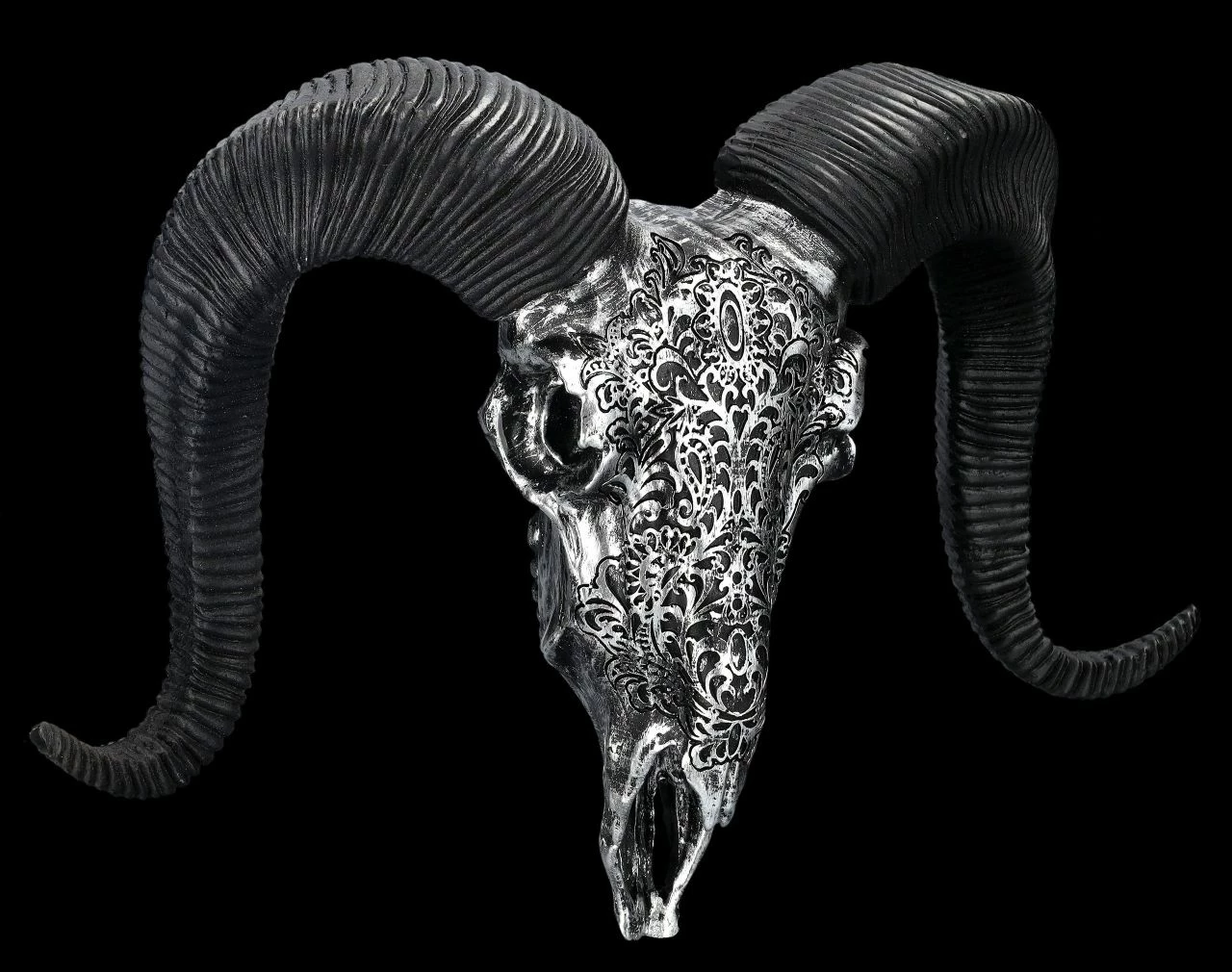 Wandrelief - Widderschädel Mit Verzierungen Mittel Silber 4 Wandrelief - Widderschädel Mit Verzierungen Mittel Silber – Bild 2