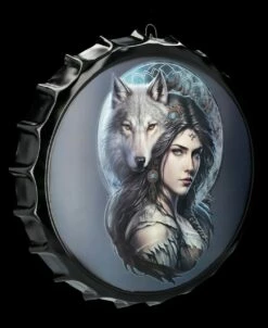 Blechschild Kronkorken - Wolf Kriegerin -FIGUREN Verkäufe 2D FS26563 Blechschild Kronkorken Wolf Kriegerin 2 1280x1280