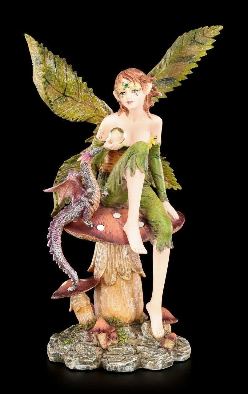 Elfen Figur - Dracolia Mit Blätterflügeln Und Drache 3 Elfen Figur - Dracolia Mit Blätterflügeln Und Drache