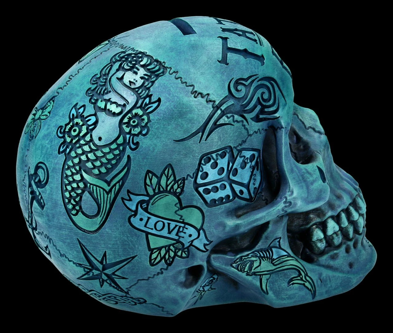 NEMESIS NOW Totenkopf - Tattoo Spardose - Blau 9 NEMESIS NOW Totenkopf - Tattoo Spardose - Blau – Bild 7
