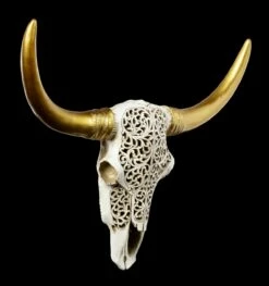 Wandrelief Büffel Schädel - Relief Mit Goldenen Hörnern -FIGUREN Verkäufe Wandrelief Bueffel Schaedel Geschnitztes Muster Mit Goldenen Hoernern 1 1280x1280