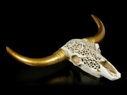 Wandrelief Büffel Schädel - Relief Mit Goldenen Hörnern -FIGUREN Verkäufe Wandrelief Bueffel Schaedel Geschnitztes Muster Mit Goldenen Hoernern 3 1280x1280